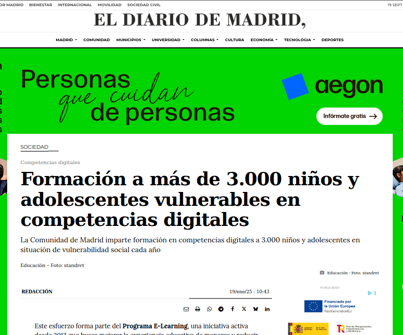 El Diario de Madrid se hace eco de nuestra contribución en la formación digital de menores vulnerables